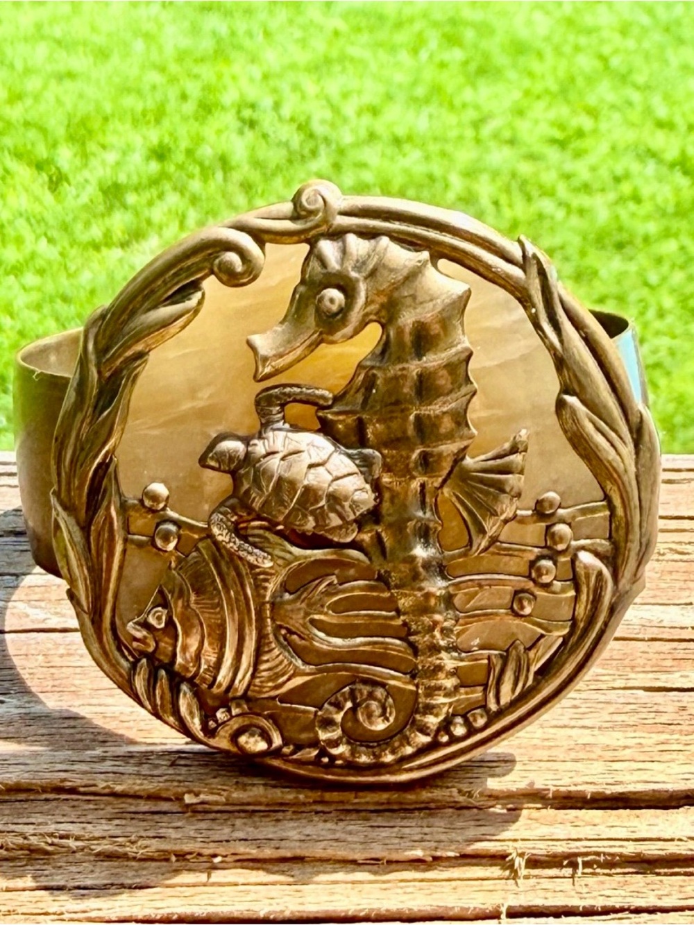 Vintage Jan Michaels of San Francisco Seahorse Medallion Brass Cuff Bracelet